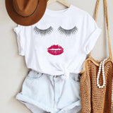 Women Make Up Letter Funny New Eye Eyelash Fashion Cartoon Summer Lady Print Tee