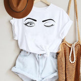 Women Make Up Letter Funny New Eye Eyelash Fashion Cartoon Summer Lady Print Tee
