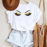 Women Make Up Letter Funny New Eye Eyelash Fashion Cartoon Summer Lady Print Tee