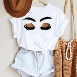Women Make Up Letter Funny New Eye Eyelash Fashion Cartoon Summer Lady Print Tee