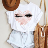 Women Make Up Letter Funny New Eye Eyelash Fashion Cartoon Summer Lady Print Tee