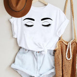Women Make Up Letter Funny New Eye Eyelash Fashion Cartoon Summer Lady Print Tee