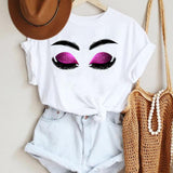 Women Make Up Letter Funny New Eye Eyelash Fashion Cartoon Summer Lady Print Tee