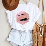 Women Make Up Letter Funny New Eye Eyelash Fashion Cartoon Summer Lady Print Tee