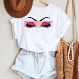 Women Make Up Letter Funny New Eye Eyelash Fashion Cartoon Summer Lady Print Tee