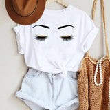 Women Make Up Letter Funny New Eye Eyelash Fashion Cartoon Summer Lady Print Tee
