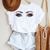 Women Make Up Letter Funny New Eye Eyelash Fashion Cartoon Summer Lady Print Tee