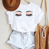Women Make Up Letter Funny New Eye Eyelash Fashion Cartoon Summer Lady Print Tee