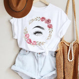 Women Make Up Letter Funny New Eye Eyelash Fashion Cartoon Summer Lady Print Tee