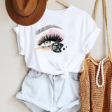 Women Make Up Letter Funny New Eye Eyelash Fashion Cartoon Summer Lady Print Tee