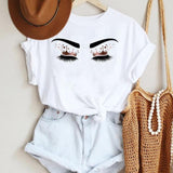 Women Make Up Letter Funny New Eye Eyelash Fashion Cartoon Summer Lady Print Tee