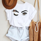 Women Make Up Letter Funny New Eye Eyelash Fashion Cartoon Summer Lady Print Tee