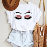 Women Make Up Letter Funny New Eye Eyelash Fashion Cartoon Summer Lady Print Tee