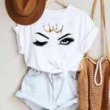 Women Make Up Letter Funny New Eye Eyelash Fashion Cartoon Summer Lady Print Tee