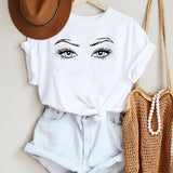 Women Make Up Letter Funny New Eye Eyelash Fashion Cartoon Summer Lady Print Tee