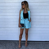 Women Sleeveless Solid Button Up Elastic Waist Blazer Tops And Pocket Shorts Set Elegant Office Ladies Suits Women Workwear D30