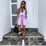Women Sleeveless Solid Button Up Elastic Waist Blazer Tops And Pocket Shorts Set Elegant Office Ladies Suits Women Workwear D30