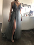 Beading Prom Dresses Long V Neck Light Gray High Split