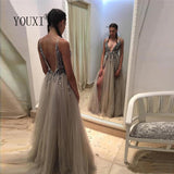 Beading Prom Dresses Long V Neck Light Gray High Split