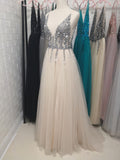 Beading Prom Dresses Long V Neck Light Gray High Split