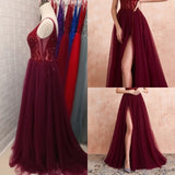 Beading Prom Dresses Long V Neck Light Gray High Split