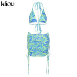 Kliou Sexy Hot Tops+Drawstring Ruched Skirts with Bandage Halter Print Two-Piece Set