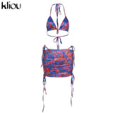 Kliou Sexy Hot Tops+Drawstring Ruched Skirts with Bandage Halter Print Two-Piece Set