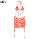 Kliou Sexy Hot Tops+Drawstring Ruched Skirts with Bandage Halter Print Two-Piece Set
