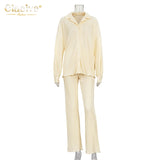 Clacive Causal Loose Home Suit Autumn Long Sleeve Blouse With High Wasit Pants Set Women Elegant Pleated Beige 2 Piece Pant Sets