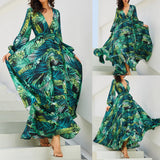 Women Fashion V-Neck Sexy Dress Summer Backless Print Bohemian Beach Dress Casual Long Sleeve Female Party Maxi Dress Ropa Mujer