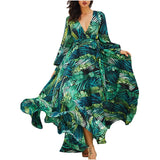 Women Fashion V-Neck Sexy Dress Summer Backless Print Bohemian Beach Dress Casual Long Sleeve Female Party Maxi Dress Ropa Mujer