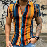 Plus Size 3xl Men Elegant Shirt Blouses Summer Model Stripes Tops Short Sleeve