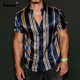Plus Size 3xl Men Elegant Shirt Blouses Summer Model Stripes Tops Short Sleeve