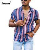 Plus Size 3xl Men Elegant Shirt Blouses Summer Model Stripes Tops Short Sleeve