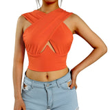 Women's Sexy Sleeveless Criss Cross Solid Color Tank Tops