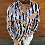 Men's Striped Casual Shirts Streetwear Slim Fit Black White Long Sleeve Shirt Tops Men Autumn Silk Satin Digital Printed Blouse