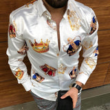 Men's Striped Casual Shirts Streetwear Slim Fit Black White Long Sleeve Shirt Tops Men Autumn Silk Satin Digital Printed Blouse