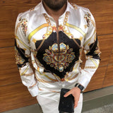 Men's Striped Casual Shirts Streetwear Slim Fit Black White Long Sleeve Shirt Tops Men Autumn Silk Satin Digital Printed Blouse