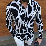 Men's Striped Casual Shirts Streetwear Slim Fit Black White Long Sleeve Shirt Tops Men Autumn Silk Satin Digital Printed Blouse