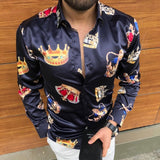 Men's Striped Casual Shirts Streetwear Slim Fit Black White Long Sleeve Shirt Tops Men Autumn Silk Satin Digital Printed Blouse