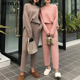 Casual Thick Sweater Tracksuits O-neck  Jumpers & Elastic Waist Pants Suit Female Knitted 2 Pieces Set