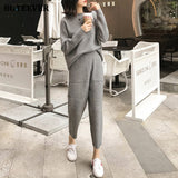 Casual Thick Sweater Tracksuits O-neck  Jumpers & Elastic Waist Pants Suit Female Knitted 2 Pieces Set