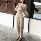 Casual Thick Sweater Tracksuits O-neck  Jumpers & Elastic Waist Pants Suit Female Knitted 2 Pieces Set