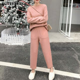 Casual Thick Sweater Tracksuits O-neck  Jumpers & Elastic Waist Pants Suit Female Knitted 2 Pieces Set