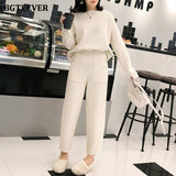 Casual Thick Sweater Tracksuits O-neck  Jumpers & Elastic Waist Pants Suit Female Knitted 2 Pieces Set