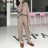 Casual Thick Sweater Tracksuits O-neck  Jumpers & Elastic Waist Pants Suit Female Knitted 2 Pieces Set