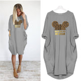 Mickey Mouse Dress for Women Casual Loose Midi Dresses Leopard Print Pocket Vintage Vestido Fall Maxi Clothes Kawaii Robe Femme
