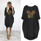 Mickey Mouse Dress for Women Casual Loose Midi Dresses Leopard Print Pocket Vintage Vestido Fall Maxi Clothes Kawaii Robe Femme