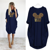 Mickey Mouse Dress for Women Casual Loose Midi Dresses Leopard Print Pocket Vintage Vestido Fall Maxi Clothes Kawaii Robe Femme