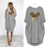 Mickey Mouse Dress for Women Casual Loose Midi Dresses Leopard Print Pocket Vintage Vestido Fall Maxi Clothes Kawaii Robe Femme